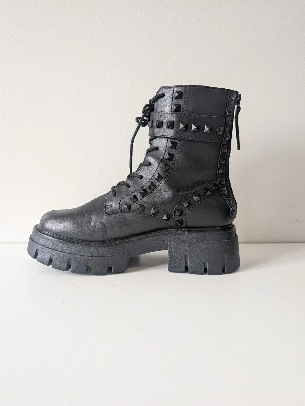 Ash Lewis Studded Black Leather Chunky Boots Size 37/7